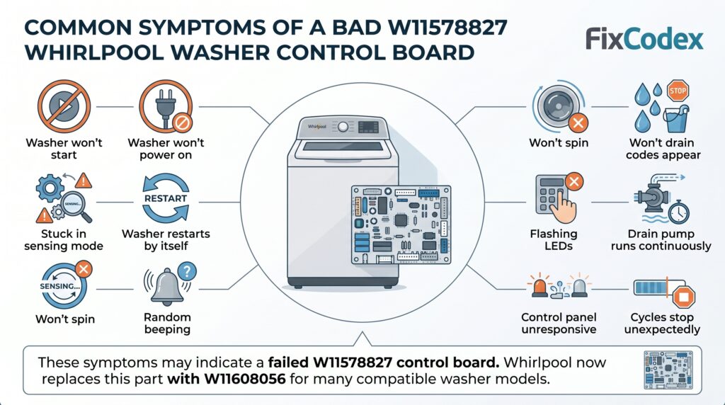 Common symptoms of a bad W11578827 Whirlpool washer control board including washer won't start, won't spin, won't drain, and error codes.