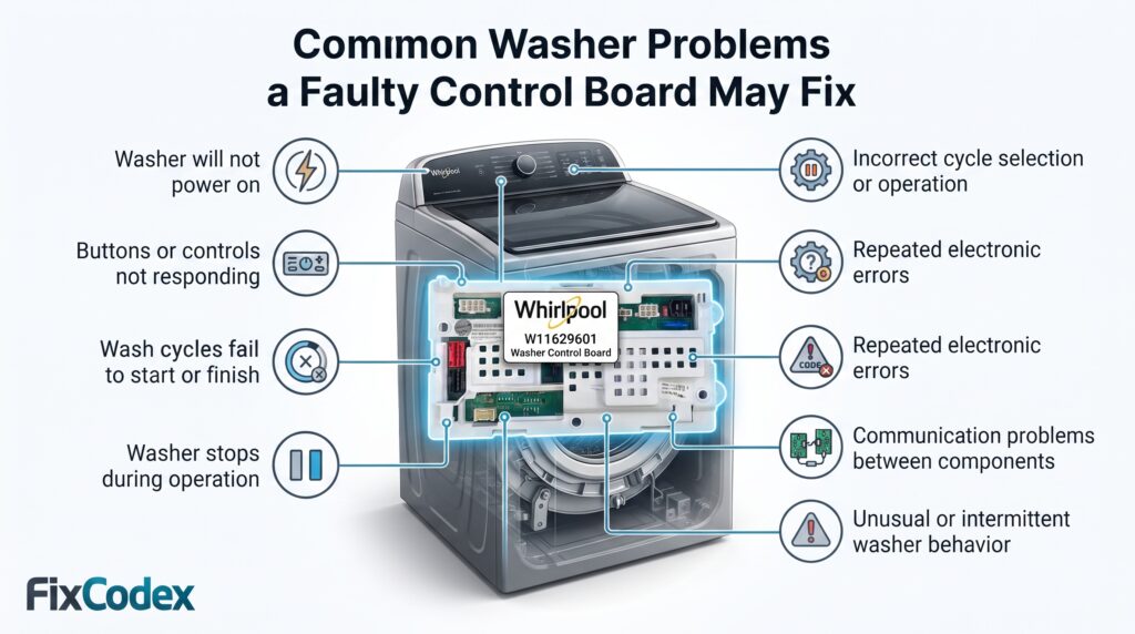 Diagram showing common Whirlpool washer problems fixed by W11629601 control board including power failure, cycle errors, and control issues