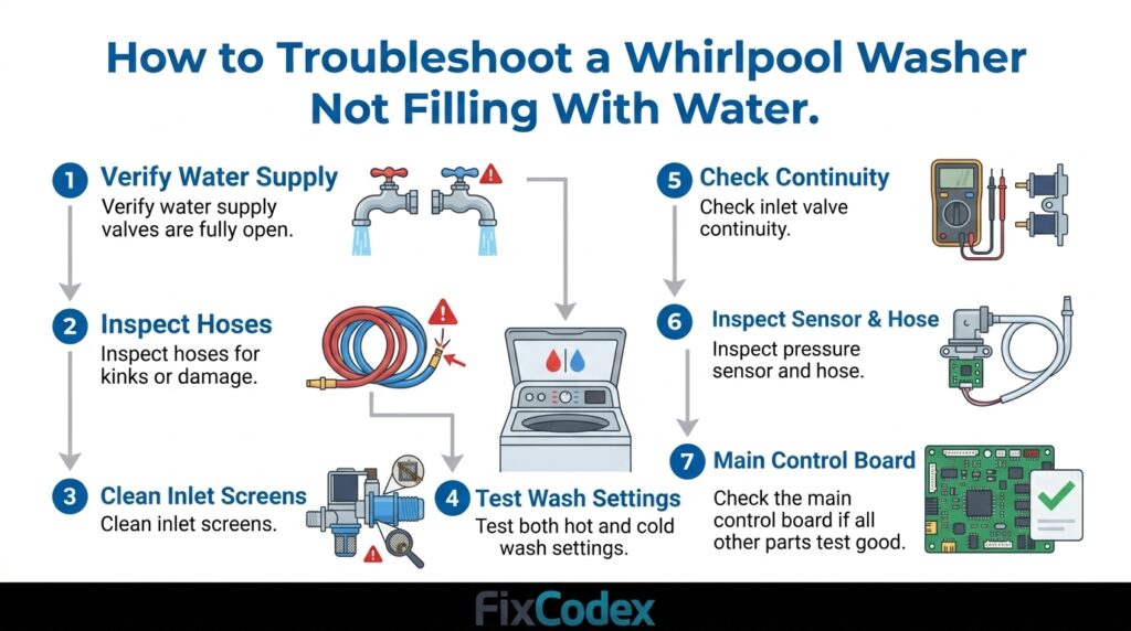 Flowchart showing the step-by-step troubleshooting process for a Whirlpool washer not filling with water.