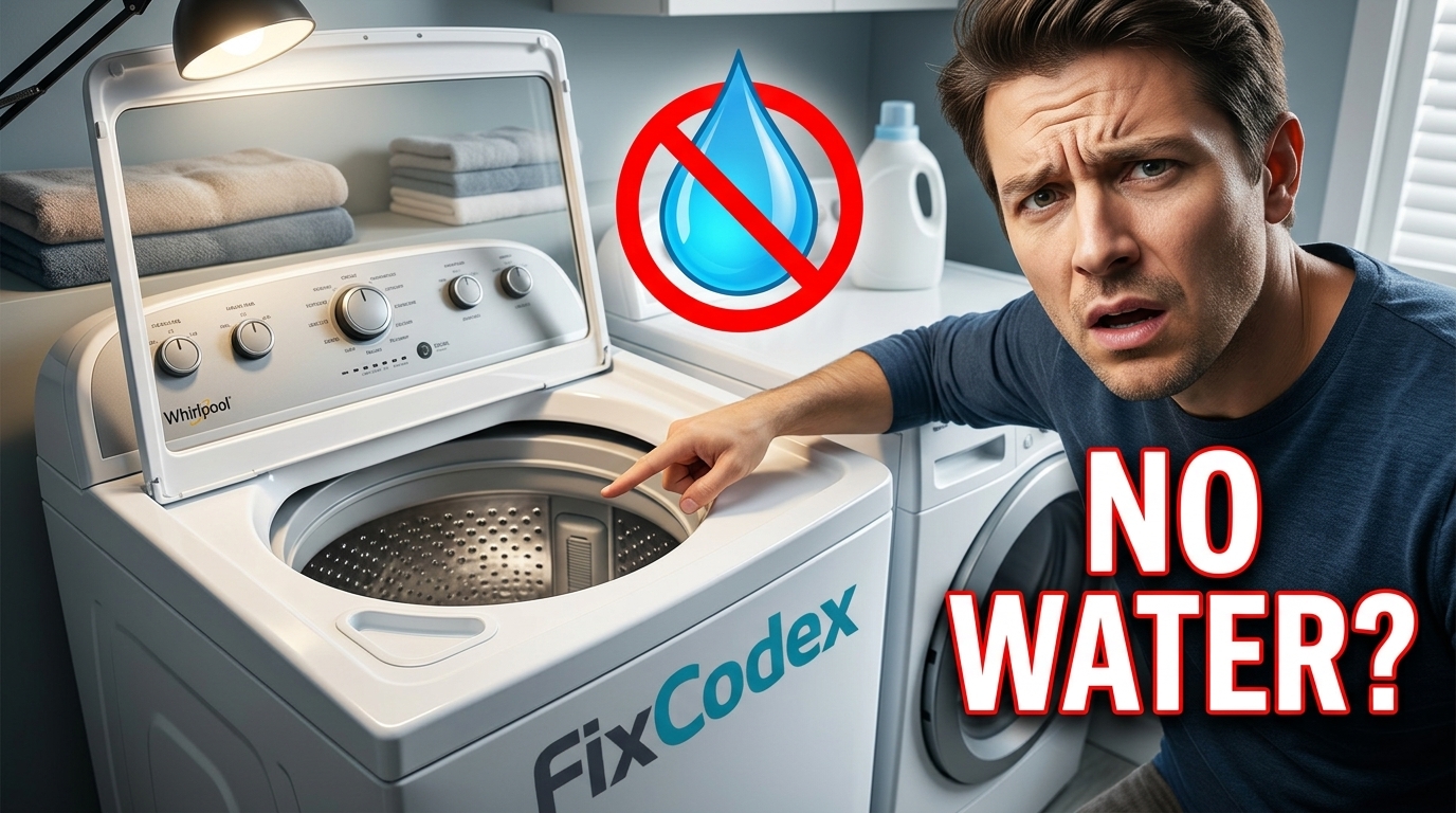 Whirlpool washer not filling with water showing an empty washing machine tub during troubleshooting.