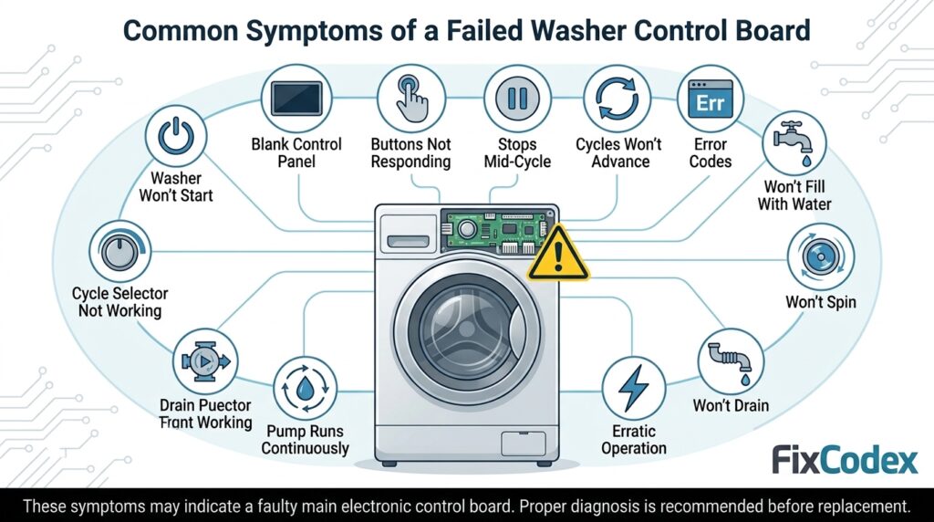 Diagram showing the common symptoms of a failed W11607637 Whirlpool washer control board, including washer not starting, error codes, no spin, no drain, and unresponsive controls.