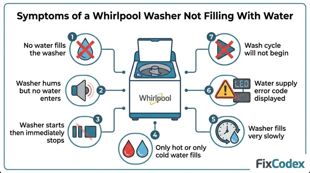 Diagram showing the symptoms of a Whirlpool washer not filling with water, including no water, slow filling, humming, and water supply error codes.