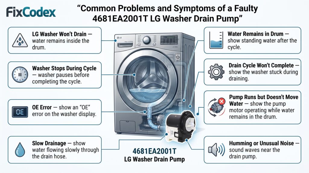 Technical infographic showing common symptoms of a faulty 4681EA2001T LG washer drain pump, including failure to drain, water remaining in the drum, OE error, slow drainage, unusual pump noises, and a pump motor that runs without moving water.