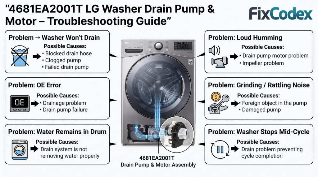Technical troubleshooting diagram for the 4681EA2001T LG Washer Drain Pump & Motor, showing common problems including failure to drain, OE errors, water remaining in the drum, loud humming, grinding or rattling noises, and the washer stopping mid-cycle.