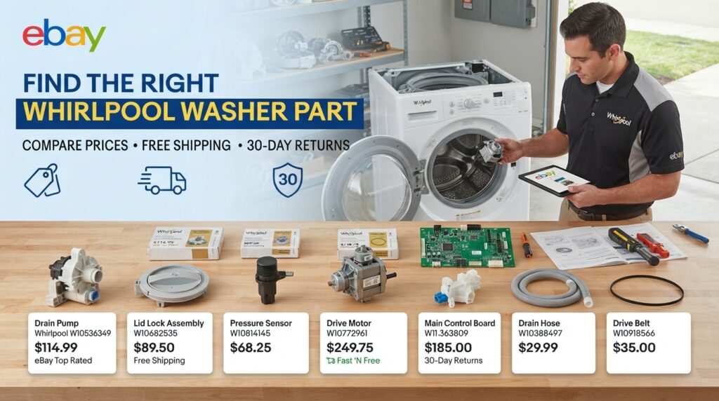 Find and buy Whirlpool washer parts on eBay including drain pump, lid lock assembly, pressure sensor, motor, and control board with price comparison and free shipping options
