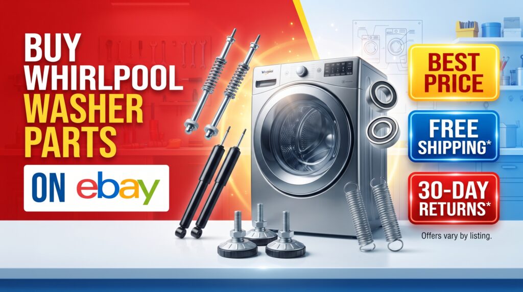 A bright, colorful e-commerce-style graphic featuring Whirlpool washer replacement parts with prominent “Buy Whirlpool Washer Parts on eBay” messaging and promotional badges for best price, free shipping, and 30-day returns, with a note that offers vary by listing.