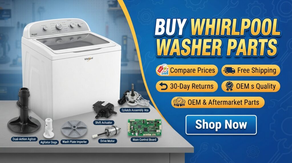 Promotional graphic encouraging users to buy Whirlpool washer replacement parts online, compare prices, and find listings with free shipping and 30-day returns.