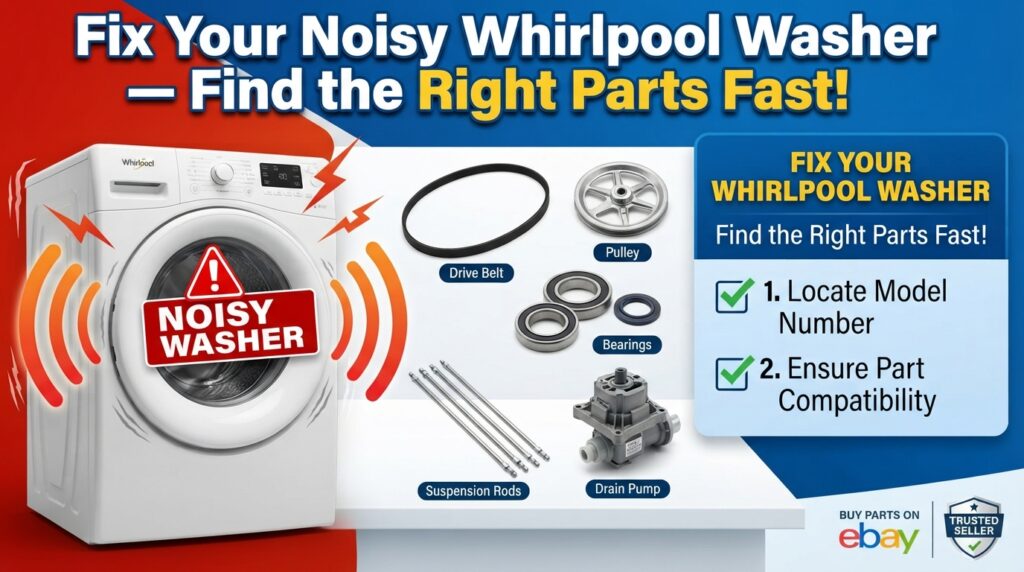 Buy Whirlpool washer replacement parts including drive belt, pulley, bearings, suspension rods, and drain pump for noisy washer repair