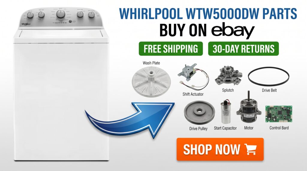 A promotional appliance-parts thumbnail featuring a Whirlpool WTW5000DW top-load washer alongside common replacement parts, including a wash plate, shift actuator, splutch assembly, drive belt, pulley, capacitor, motor, and control board. The graphic highlights buying Whirlpool WTW5000DW parts on eBay with prominent “Free Shipping” and “30-Day Returns” messaging and a clear shopping call to action.