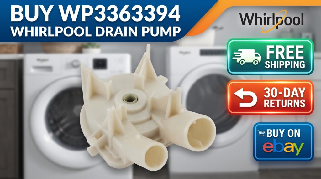 Colorful eBay shopping thumbnail featuring the WP3363394 Whirlpool washer drain pump with prominent Buy on eBay, Free Shipping, and 30-Day Returns messaging.
