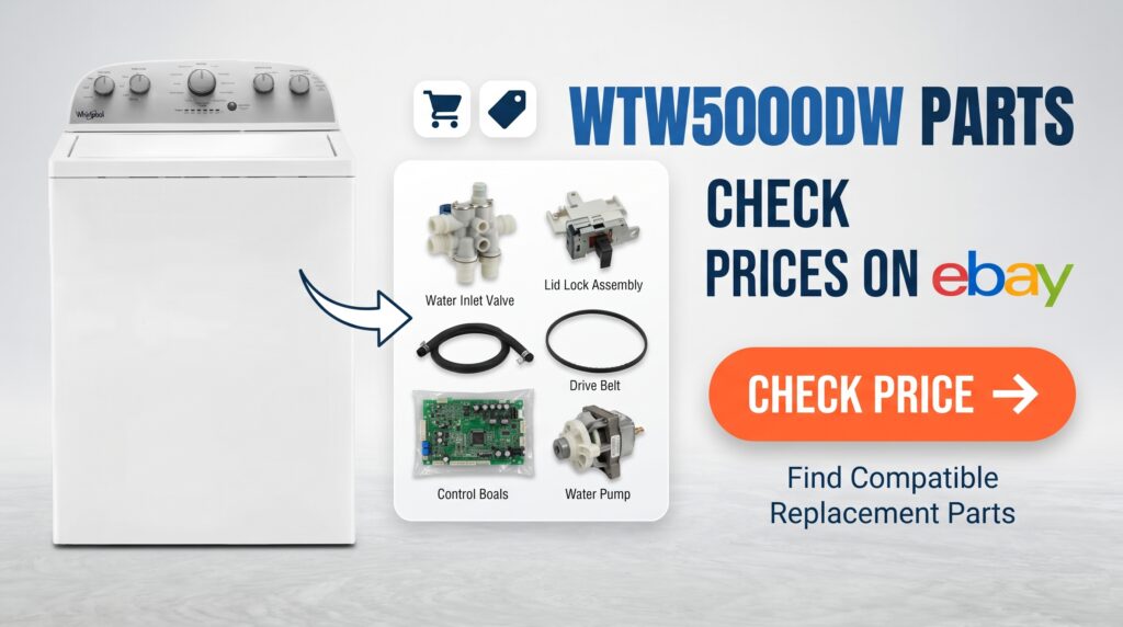 A promotional shopping graphic featuring a Whirlpool WTW5000DW top-load washer alongside common replacement parts, including a water inlet valve, lid lock, pressure hose, and electronic control board. The image encourages users to check Whirlpool WTW5000DW parts and prices on eBay, with a prominent “CHECK PRICE” call-to-action.
