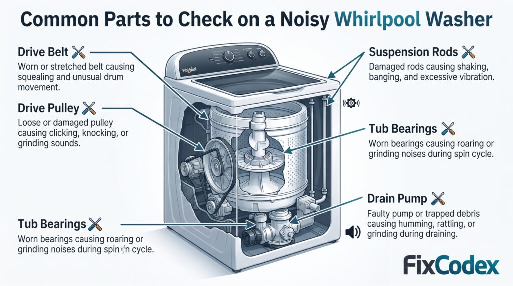 Diagram of common Whirlpool washer parts to check for loud noise including drive belt, pulley, tub bearings, suspension rods, and drain pump