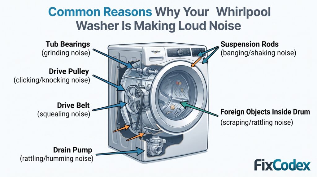 Diagram showing common reasons why a Whirlpool washer makes loud noise including bearings, belt, pulley, pump, and suspension parts
