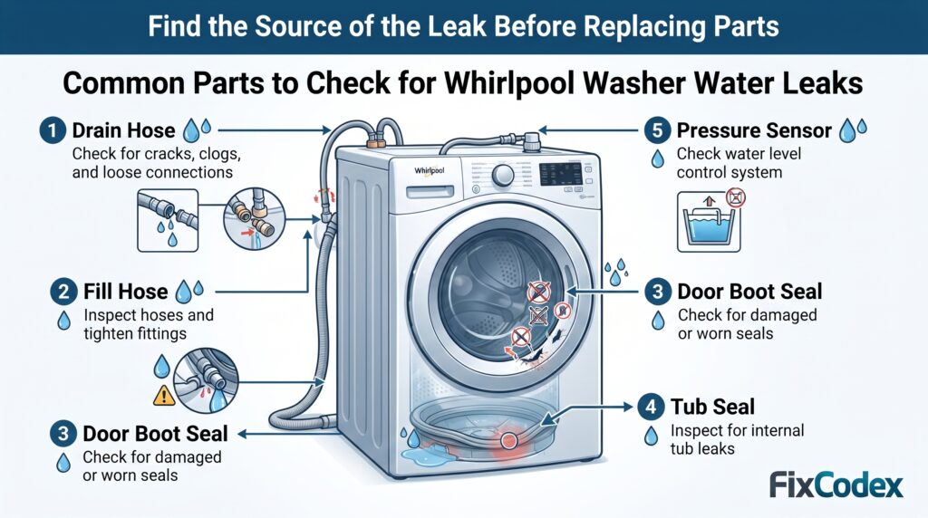 Diagram showing common Whirlpool washer water leak parts to check, including drain hose, fill hose, door boot seal, tub seal, and pressure sensor.