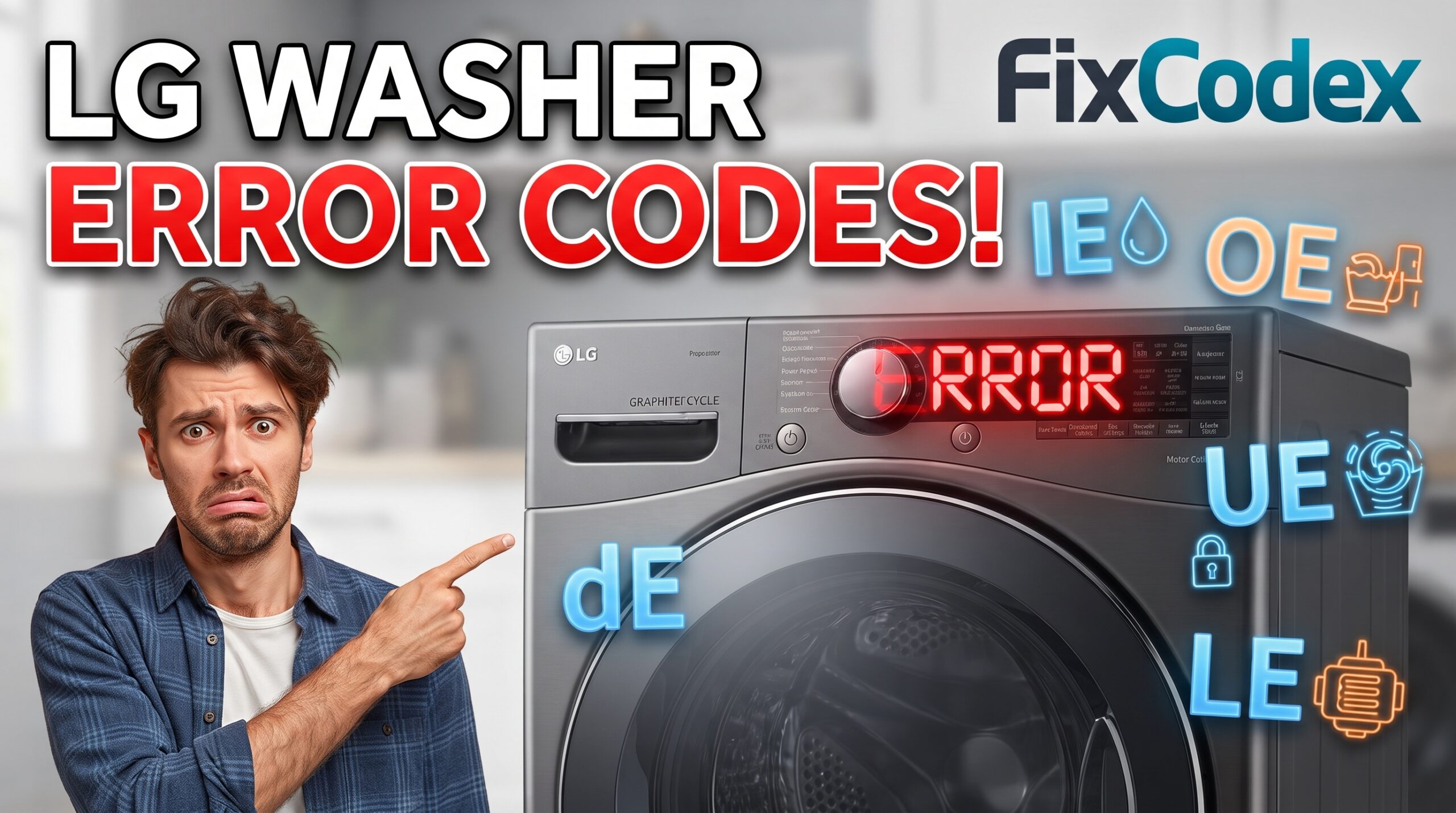 LG washer error codes troubleshooting guide with IE, OE, UE, dE, and LE codes