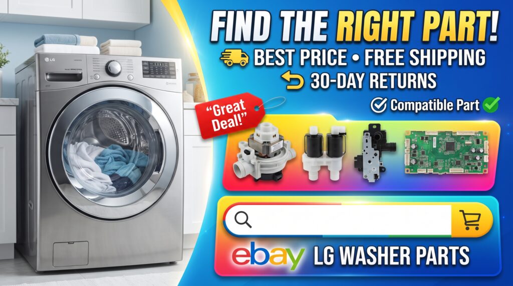 Colorful LG washer replacement parts shopping graphic featuring an LG washing machine, compatible replacement parts, eBay shopping elements, best price, free shipping, and 30-day returns.