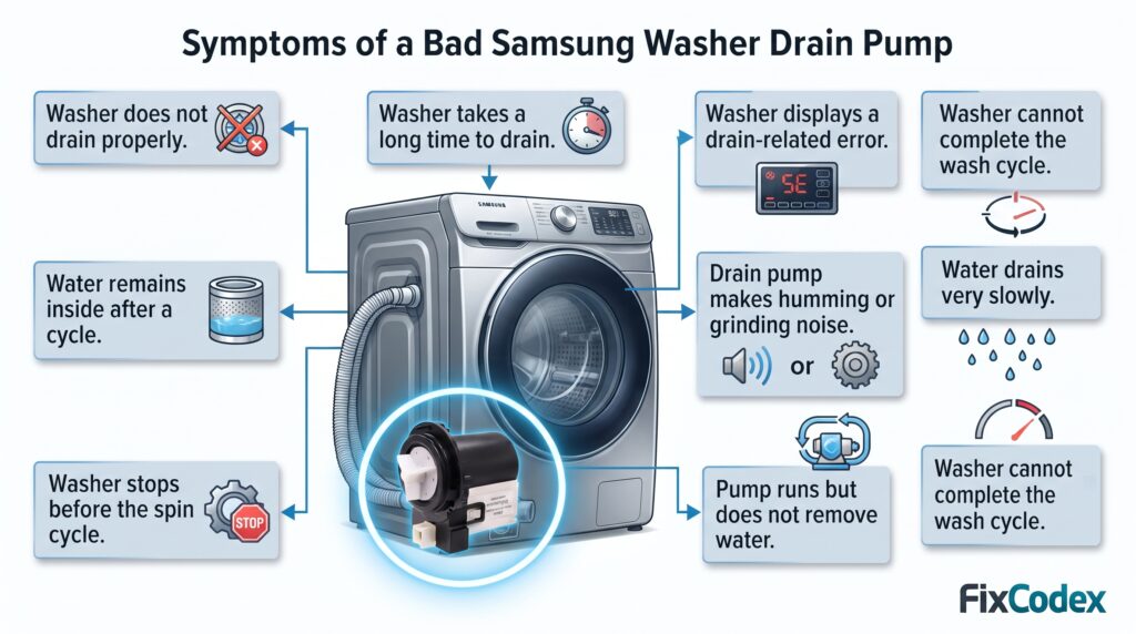 Infographic showing the common symptoms of a bad or restricted Samsung washer drain pump DC31-00054A, including poor drainage, standing water, slow draining, unusual pump noise, drain errors, and a washer that stops before completing the cycle.