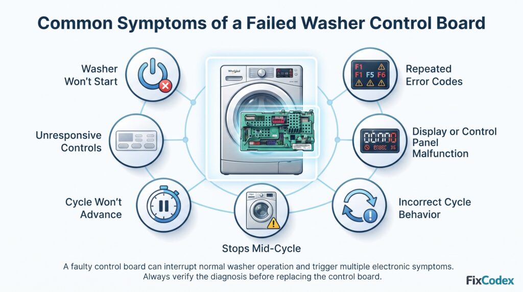 Diagram showing common symptoms of a failed Whirlpool washer control board, including washer won't start, unresponsive controls, cycle won't advance, mid-cycle stops, display malfunctions, and error codes.