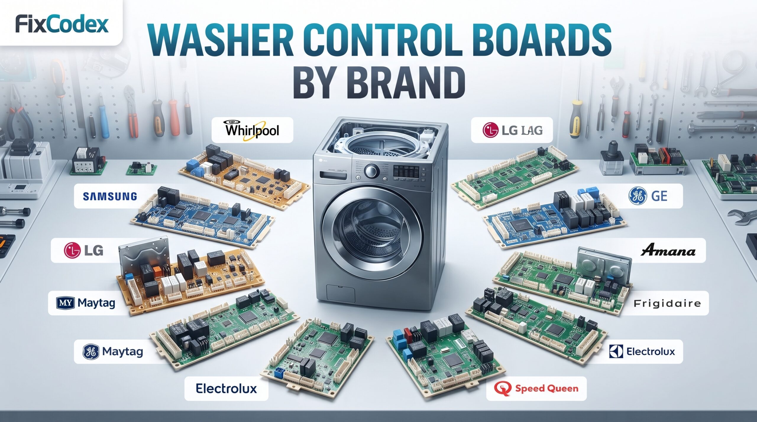 Washer control boards by brand including Whirlpool, Samsung, LG, Maytag, GE, Amana, Kenmore, Frigidaire, Electrolux, Bosch, and Speed Queen.