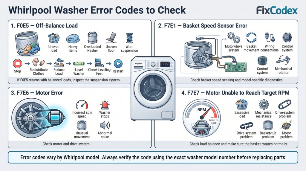 A Whirlpool washer troubleshooting infographic explaining four error codes that may be associated with load balance, basket speed sensing, motor operation, and spin-speed problems: F0E5, F7E1, F7E6, and F7E7.