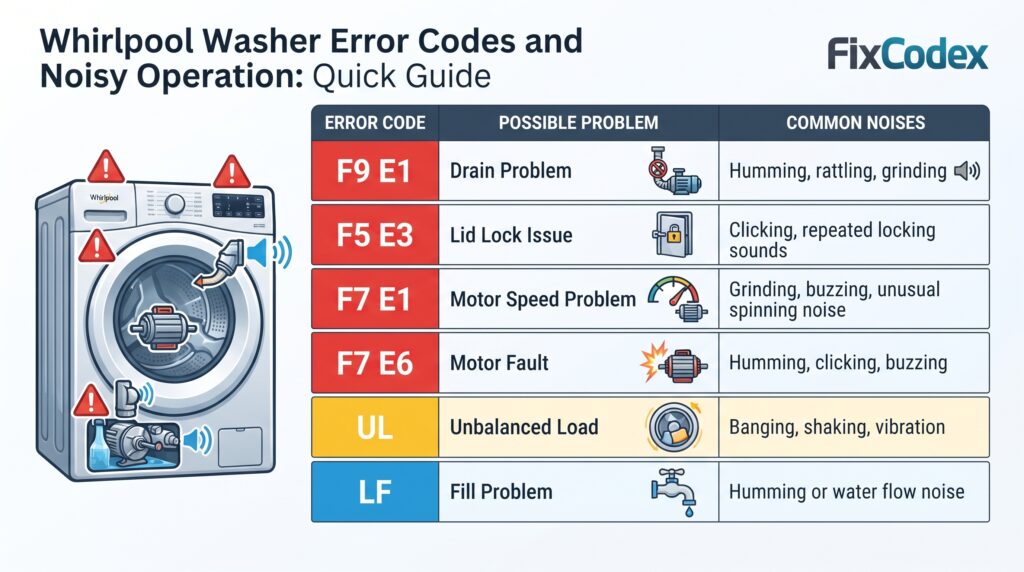Whirlpool washer error codes chart showing F9 E1, F5 E3, F7 E1, F7 E6, UL, and LF with related noise problems