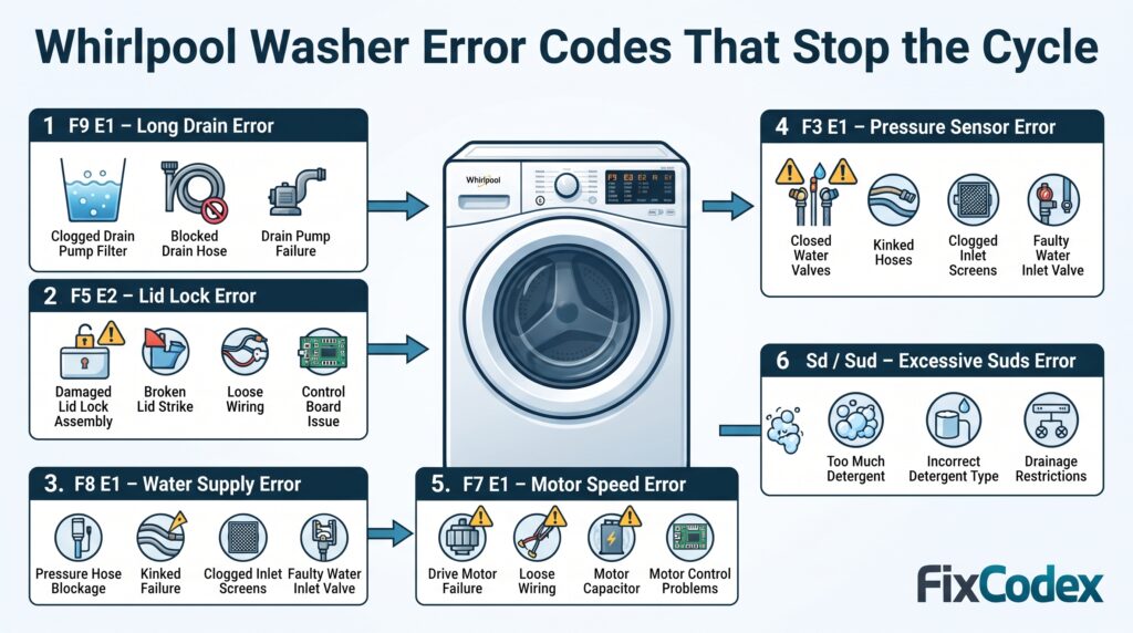 Whirlpool washer error codes diagram showing F9 E1 drain error, F5 E2 lid lock error, F8 E1 water supply error, F3 E1 pressure sensor error, F7 E1 motor error, and Sd Sud error
