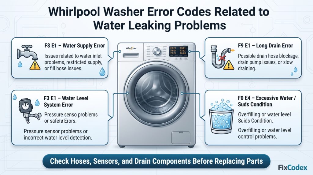 Whirlpool washer error codes related to water leaking problems, including F8 E1 water supply error, F9 E1 long drain error, F3 E1 water level error, and F0 E4 excessive water condition.