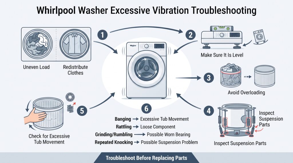 A six-step Whirlpool washer troubleshooting infographic showing how to diagnose excessive vibration by checking the load, washer level, overloading, suspension components, tub movement, and unusual noises during the spin cycle.