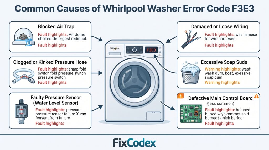Diagram showing the common causes of Whirlpool washer F3E3 error code, including a blocked air trap, clogged pressure hose, faulty pressure sensor, damaged wiring, excessive soap suds, and a defective control board.