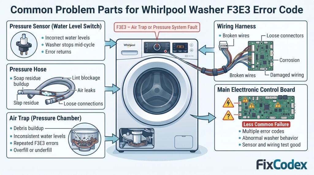 Diagram showing common Whirlpool washer F3E3 error code problem parts, including the pressure sensor, pressure hose, air trap, wiring harnes