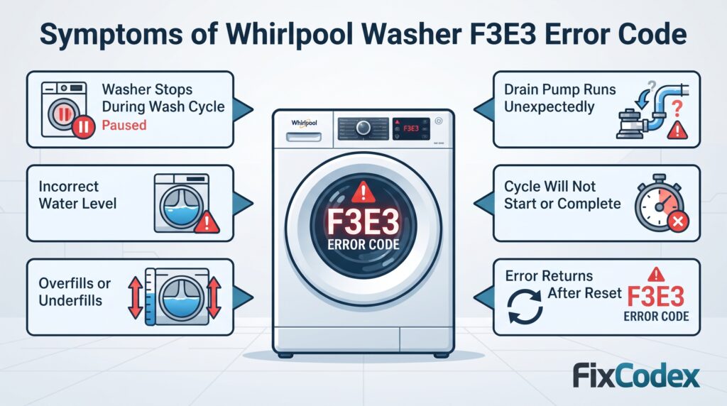 Infographic showing common symptoms of Whirlpool washer F3E3 error code, including cycle stopping, incorrect water levels, unexpected draining, failed cycles, and repeated error messages.