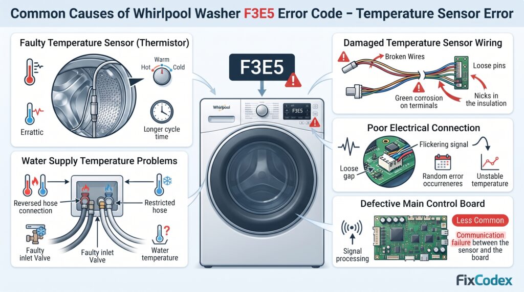 Diagram showing common causes of Whirlpool washer F3E5 error code, including faulty temperature sensor, damaged wiring, electrical connection problems, control board failure, and water supply issues.