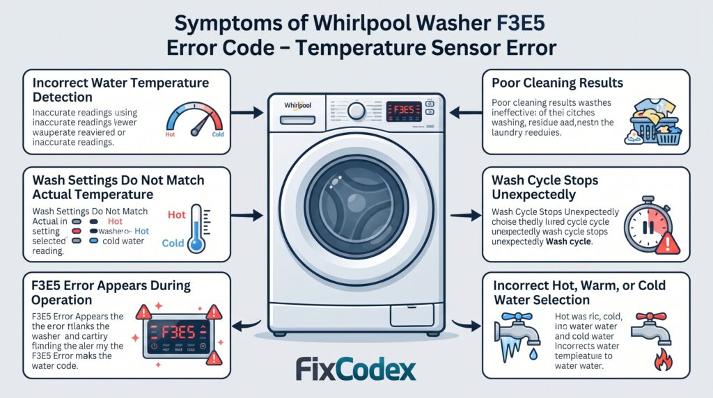 Diagram showing symptoms of Whirlpool washer F3E5 error code, including incorrect water temperature detection, poor cleaning, cycle interruptions, and wrong temperature settings.