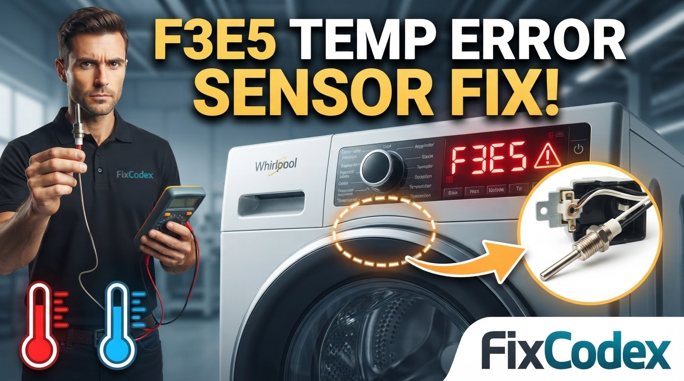 Whirlpool washer F3E5 error code showing a temperature sensor fault and troubleshooting repair with a replacement sensor.