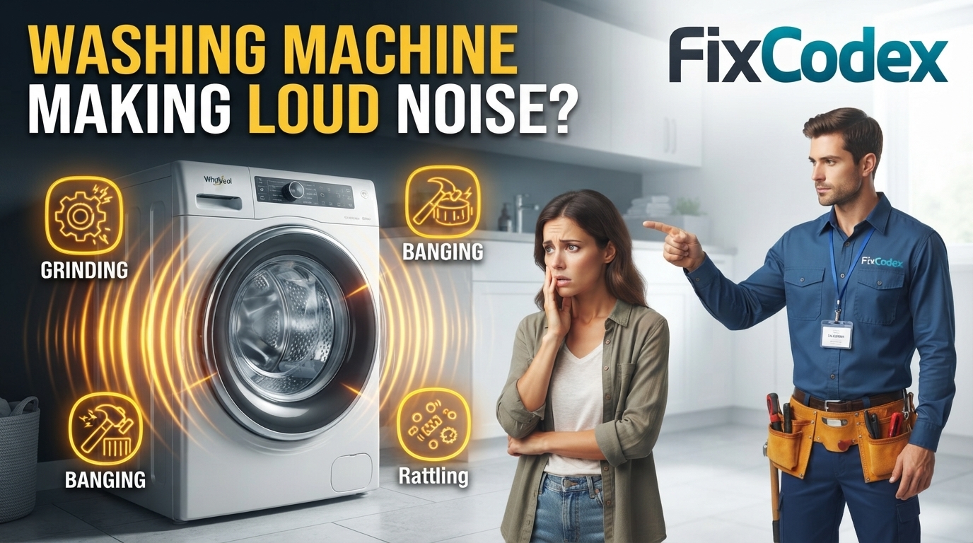 Whirlpool washer making loud noise with repair technician checking the cause of grinding and banging sounds