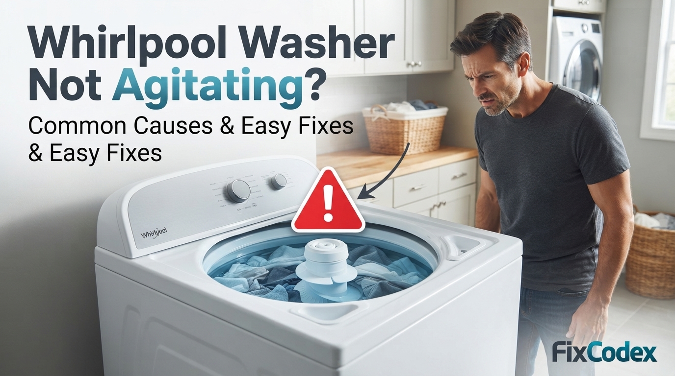 Whirlpool top-load washer not agitating during the wash cycle with clothes sitting still in water, illustrating common causes and troubleshooting steps.