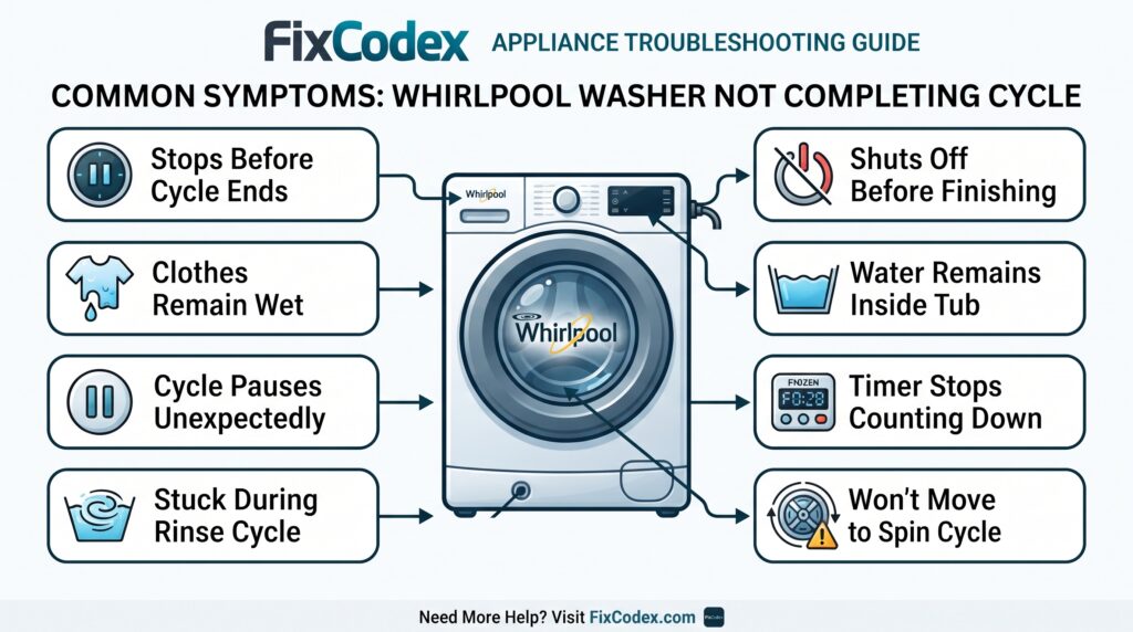 Diagram showing common symptoms of a Whirlpool washer not completing the cycle including stopping, wet clothes, rinse problems, spin failure, and water remaining in the tub