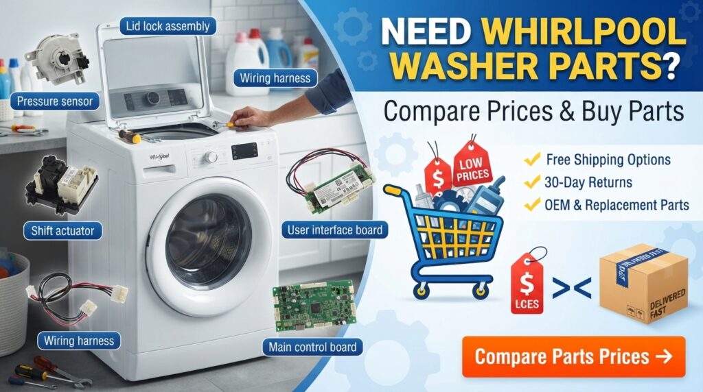 Thumbnail showing Whirlpool washer replacement parts with price comparison, shopping options, free shipping, and 30-day return benefits.