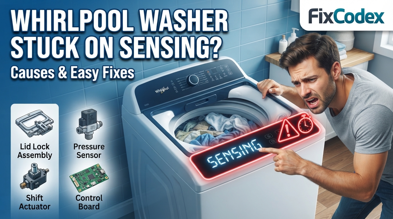 Whirlpool washer stuck on sensing cycle with sensing light displayed, showing common causes and repair solutions for a washer that will not advance.