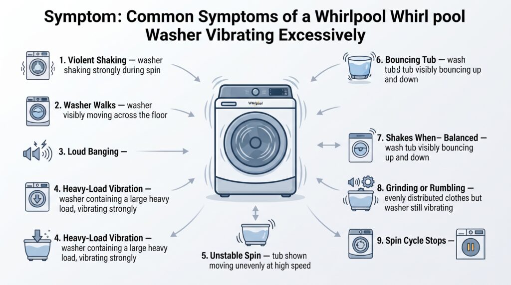 A professional appliance repair infographic showing nine common symptoms of a Whirlpool washer vibrating excessively, including violent shaking, walking across the floor, loud banging, heavy-load vibration, an unstable spin cycle, a bouncing tub, vibration despite a balanced load, grinding or rumbling noises, and an interrupted spin cycle.