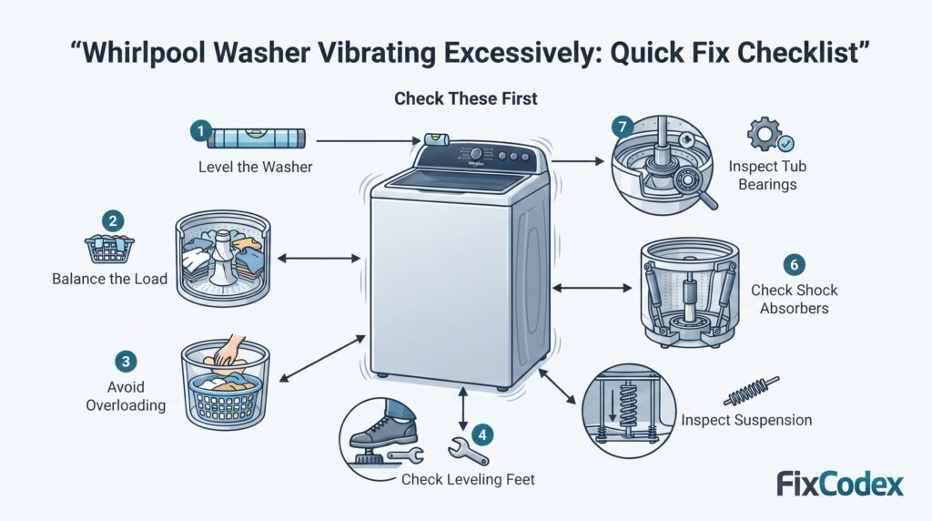 A professional troubleshooting infographic showing seven things to check when a Whirlpool washer vibrates excessively: washer leveling, load balance, overloading, leveling feet, suspension rods and springs, shock absorbers, and tub bearings.