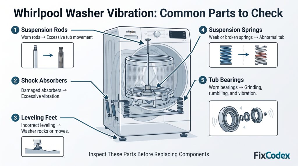 A Whirlpool washer repair infographic highlighting five parts that can contribute to excessive vibration: suspension rods, shock absorbers, leveling feet, suspension springs, and tub bearings. Each component is shown with its location, function, and common vibration-related symptoms.