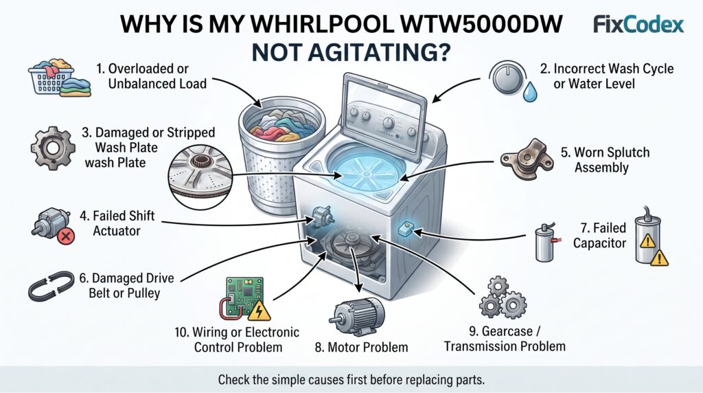 A professional troubleshooting infographic showing a Whirlpool WTW5000DW top-load washer with the lid open and the wash plate highlighted. Ten numbered callouts identify common causes of a no-agitation problem, including an overloaded load, incorrect cycle, damaged wash plate, failed shift actuator, worn splutch, damaged belt or pulley, failed capacitor, motor problem, gearcase problem, and wiring or electronic control issues.