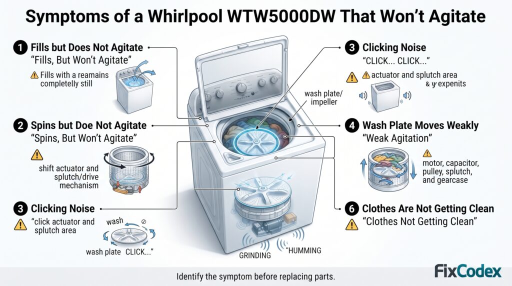 A Whirlpool WTW5000DW top-load washer troubleshooting infographic showing six common symptoms of a washer that won’t agitate: the washer fills but the wash plate does not move, spins but does not agitate, makes clicking noises, has weak wash-plate movement, produces grinding or humming noises, and leaves clothes poorly cleaned. The wash plate, actuator, splutch, motor, capacitor, pulley, and gearcase are highlighted as potential problem areas.