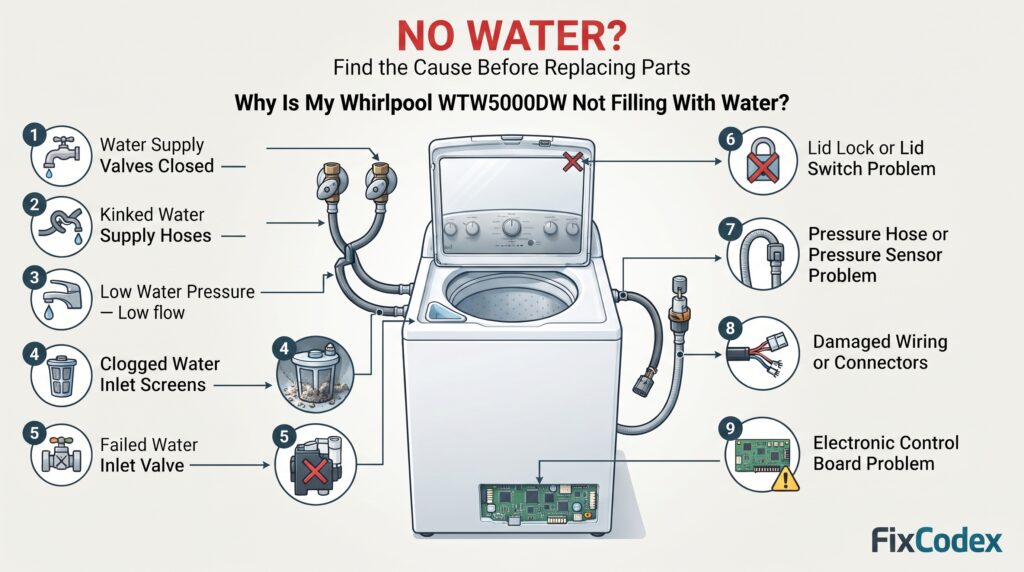 A Whirlpool WTW5000DW top-load washer troubleshooting infographic showing nine common causes of a washer not filling with water, including closed water supply valves, kinked hoses, low water pressure, clogged inlet screens, a failed water inlet valve, lid-lock problems, pressure sensor issues, damaged wiring, and an electronic control board problem. The washer and key water-entry components are highlighted with numbered diagnostic callouts.