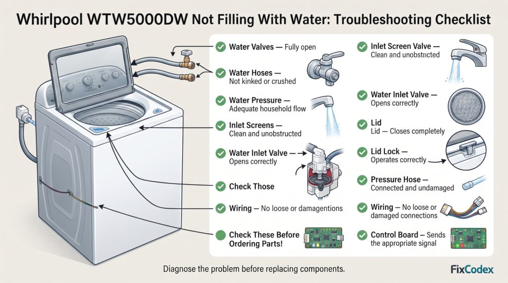 A Whirlpool WTW5000DW top-load washer troubleshooting checklist infographic showing 10 checks to perform before ordering replacement parts. The checklist covers water valves, water hoses, water pressure, inlet screens, water inlet valve, lid, lid lock, pressure hose, wiring, and control board, with key washer components highlighted using technical callouts and checkmark icons.