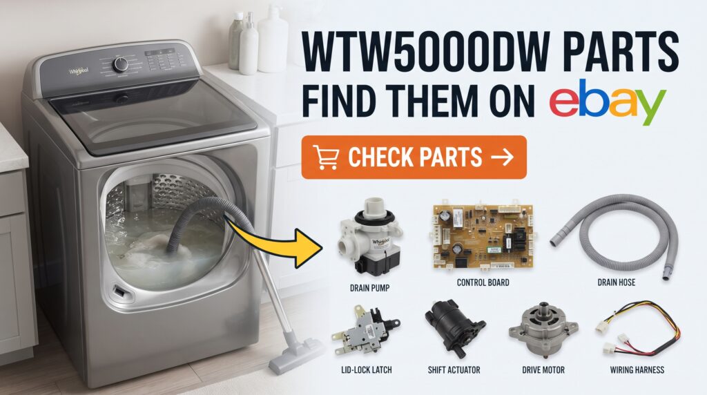 Whirlpool WTW5000DW top-load washer with common replacement parts, including a drain pump, control board, drain hose, lid-lock component, actuator, motor, and wiring, with a callout to find compatible parts on eBay.