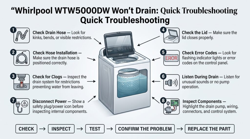 Whirlpool WTW5000DW washer won't drain troubleshooting diagram showing eight checks, including the drain hose, hose installation, drain system, lid, error codes, drain sounds, power safety, drain pump, wiring, connectors, and control system.