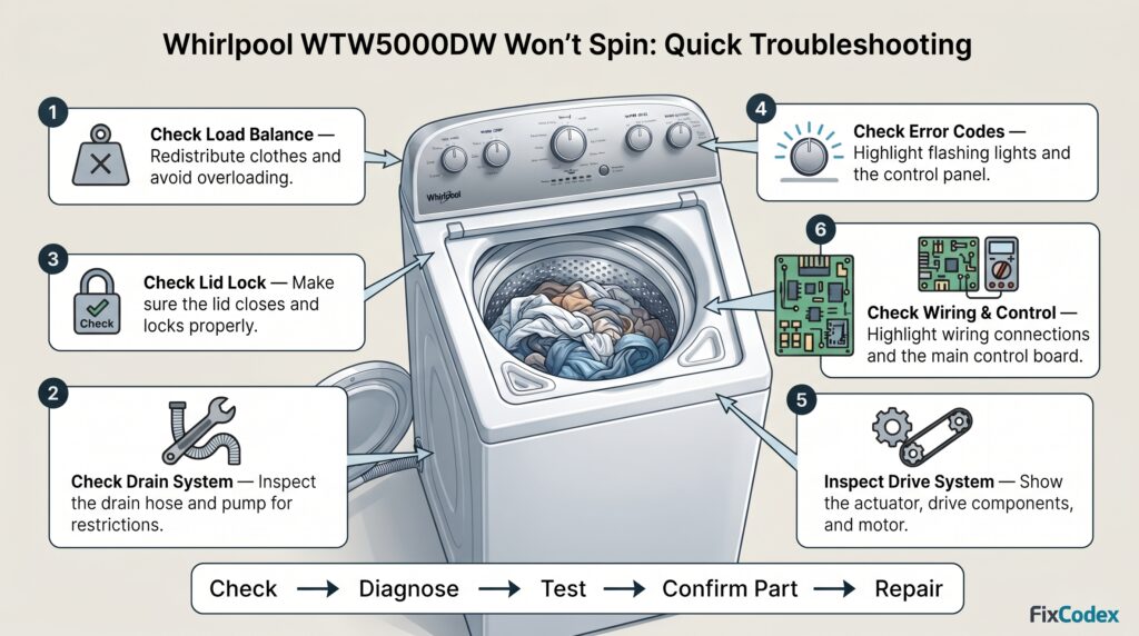 Whirlpool WTW5000DW washer won't spin troubleshooting diagram showing load balance, drain system, lid lock, error codes, drive system, motor, wiring, and control board checks.