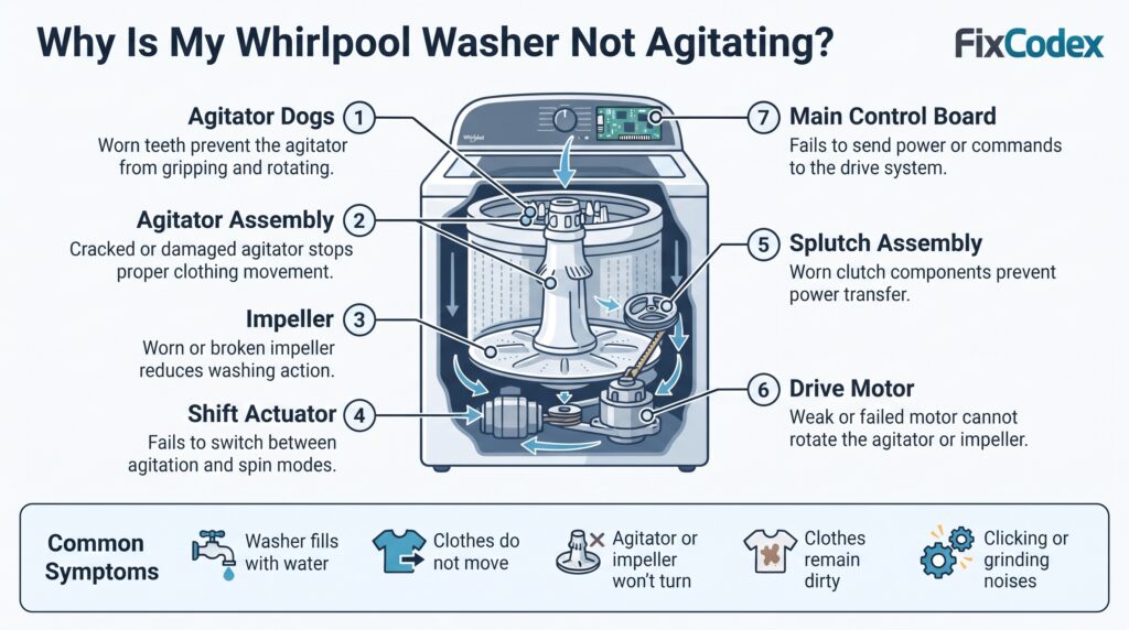 Diagram showing the common causes of a Whirlpool washer not agitating, including the agitator dogs, agitator assembly, impeller, shift actuator, splutch assembly, drive motor, and main control board.
